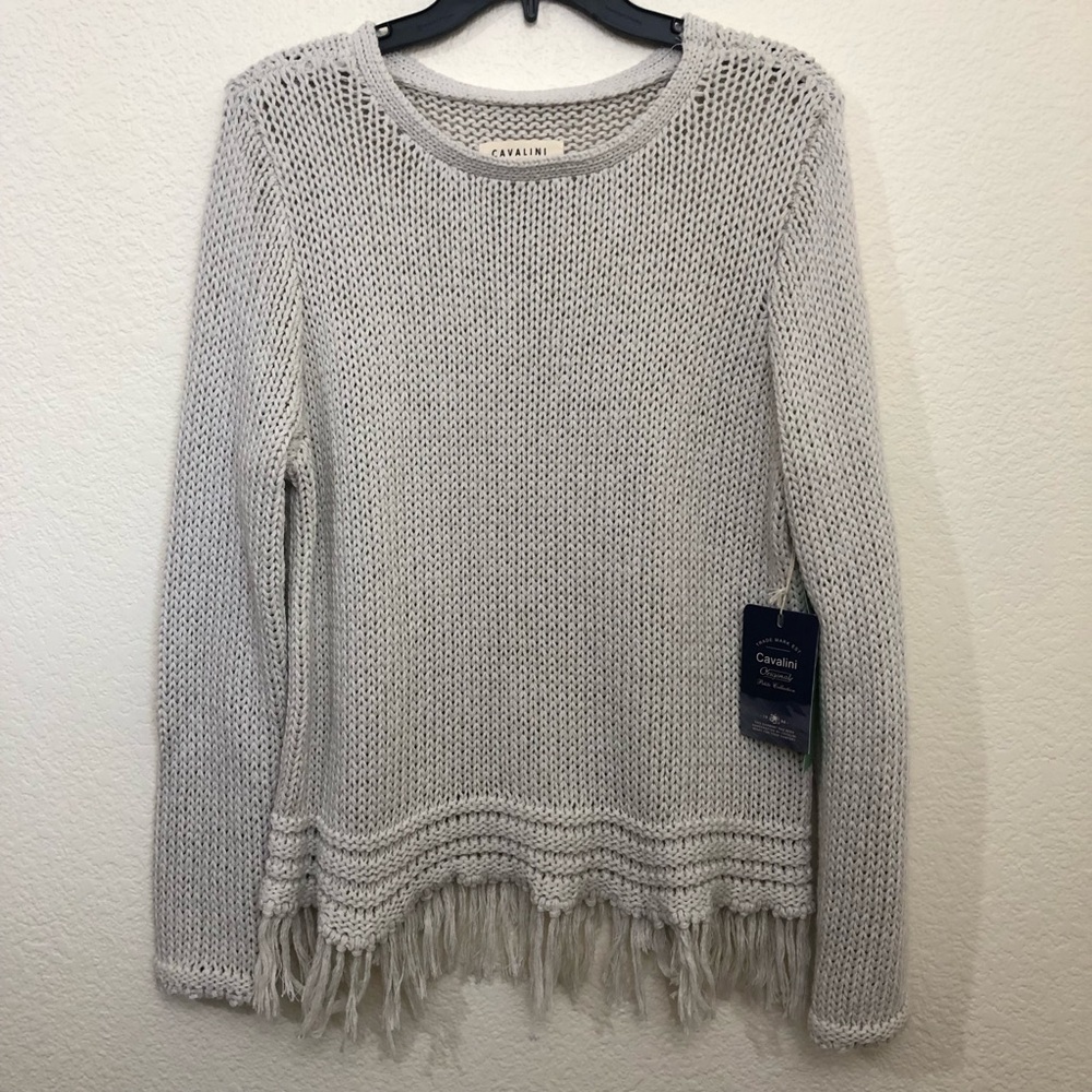 CAVALINI Sweater Collection Womens PL Sweater Beige Khaki Tassel Fringe NWT